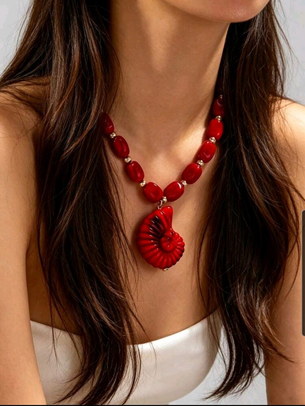 BRAND NEW ** Red Carved Shell Pendant Beaded Necklace